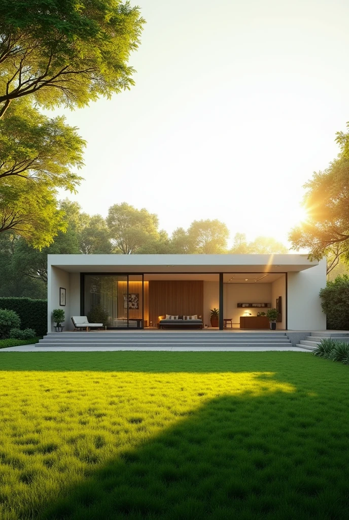 A sleek, minimalist modern home with a simple facade bathed in the warm glow of morning sunlight. Lush green lawns stretch out before the house, vibrant and teeming with life. The scene is rendered in ultra-realistic detail, capturing every nuance of texture and light, with an 8k resolution for unparalleled clarity.