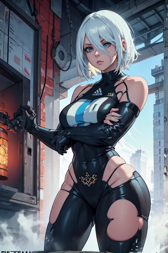 Yorha 2B,female cyborg,soccer forward uniform,Argentina flag colors,highly detailed face and body,intricate mechanical details,dynamic pose,photorealistic,cinematic lighting,dramatic shadows,vivid colors,8k,masterpiece