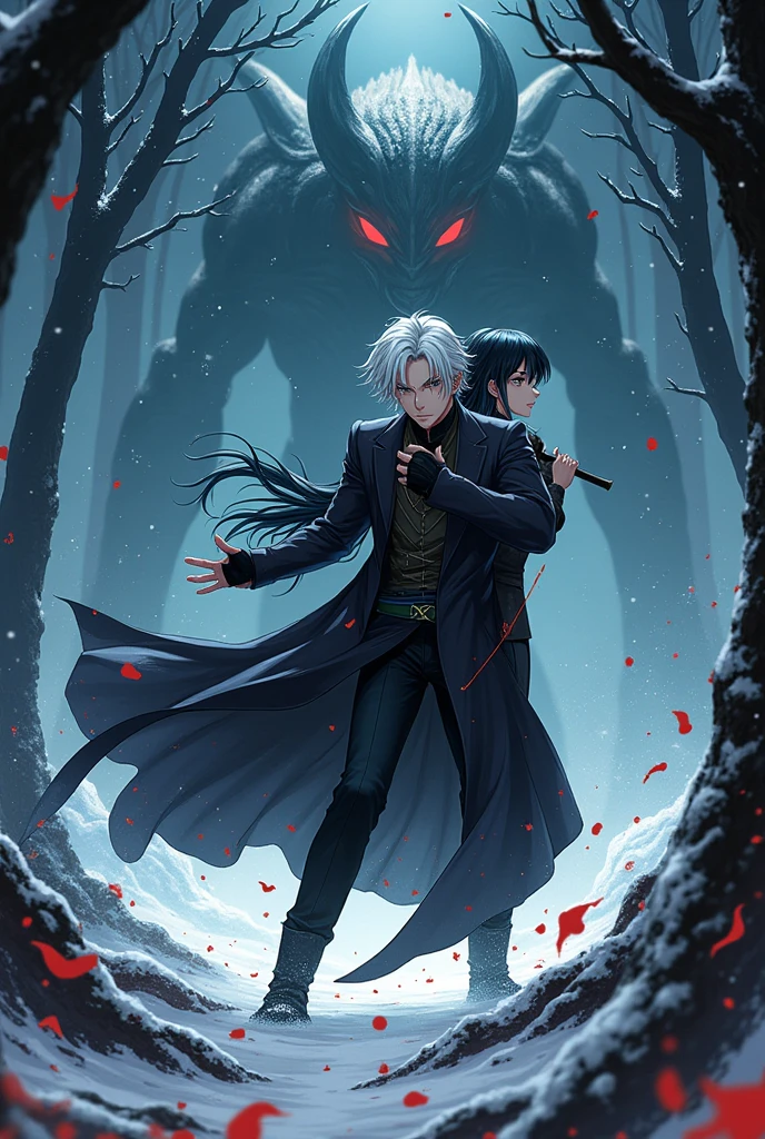 An anime version manga about an Assassin who falls in love with a princess who tells the legacy of the Queens and the Assassin who is at the height of Satoru Gojo with medium long white hair that has bangs and the black suit with a kimono and who is handsome, flexible, fast with green eyes, elegant, serious, respected, nice with the princess and the princess who is at the height of Tertin from Scissor Seven with long black and blue hair with blue eyes with a long and wide black dress with dark blue and who is happy, would be great, funny, intelligent, sad but elegant and that she is with the Assassin in a forest in the middle of the night and the forest that is surrounded by Assassins who want to kill them both and the forest that is dark with snow falling and that the Assassins have red eyes and that they look like demons and the princess and the Assassin who are fighting with the demonic Assassins and the princess who says this is your end and who is fighting with the Assassins and the Assassin is killing the demons that are attacking the princess and there is blood around and a big strong demon is about to hit the princess but the Assassin kills the demon 
