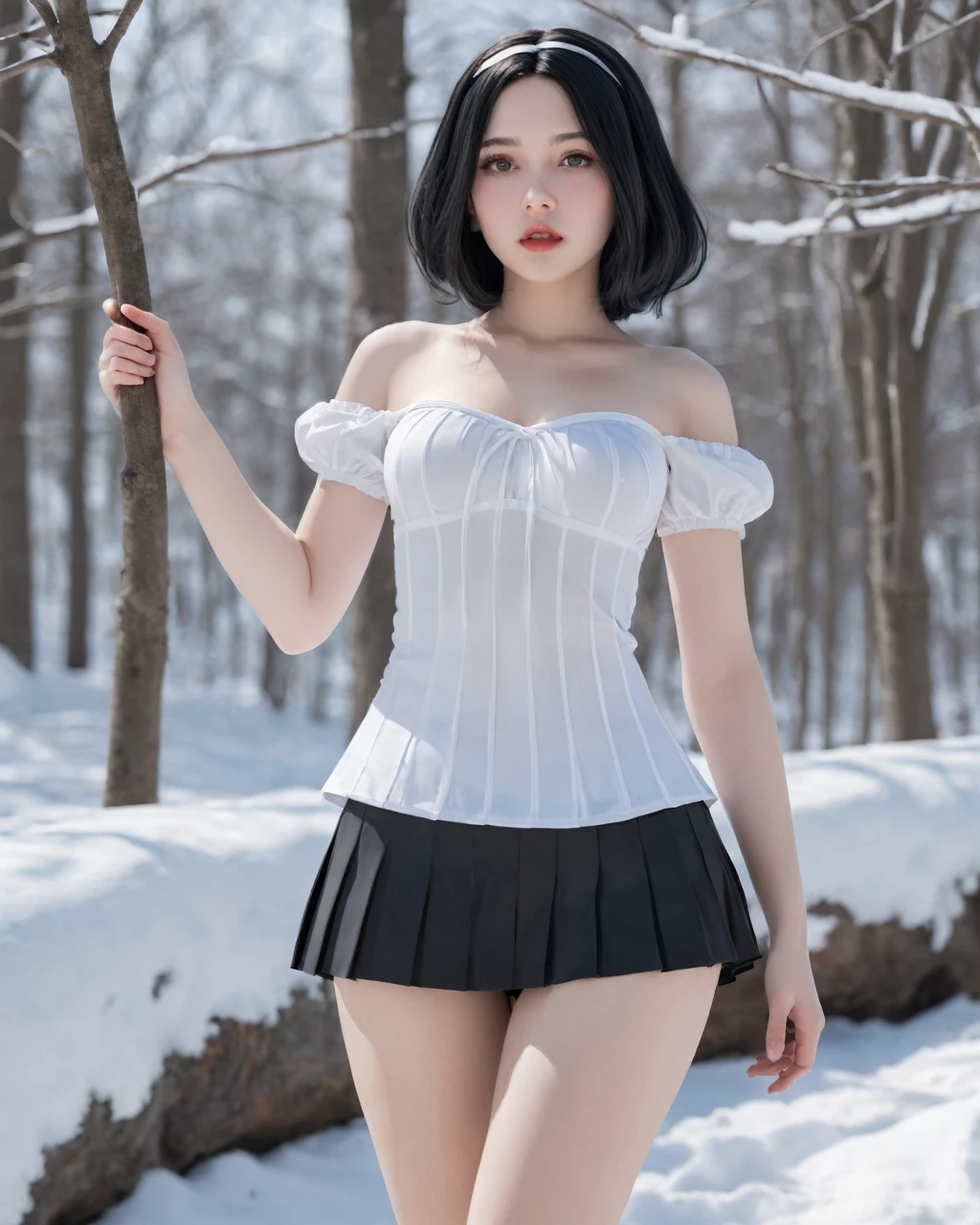 anime girl, Snow White, backwards, with white pleated miniskirt, raised hip, black thong underwear, very beautiful, goddess body, 8K photo quality, Realistic details, ultra definition.