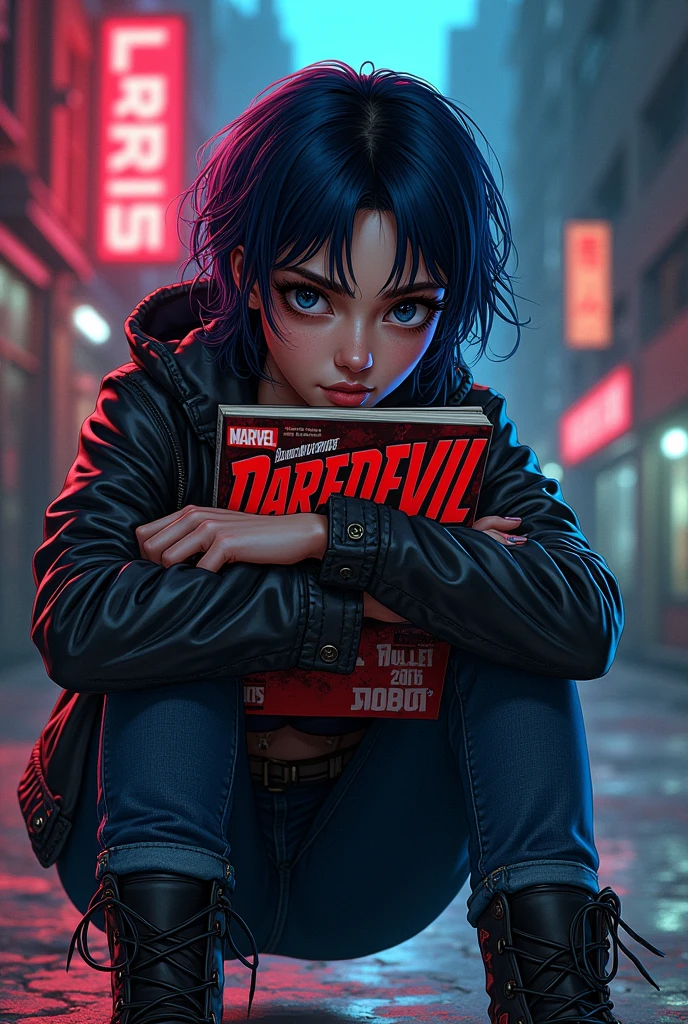 Girl with short black hair with blue highlights, hugging daredevil comic style