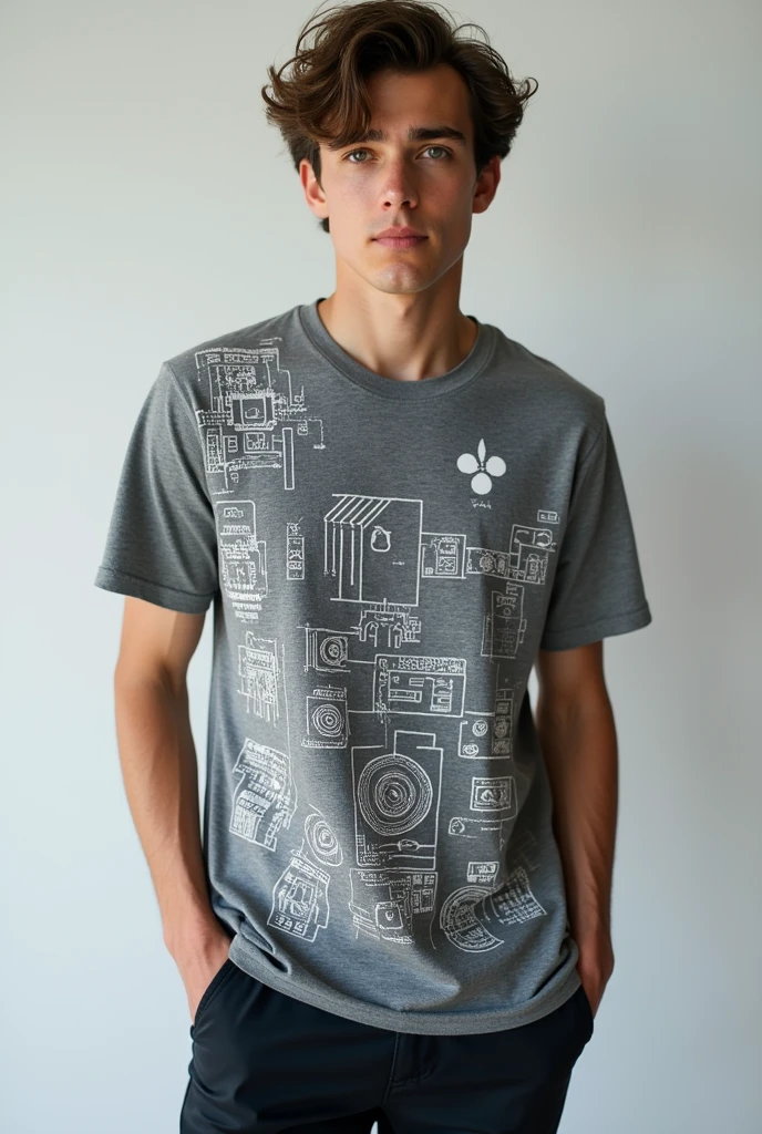 Gray t-shirt with white embroidery and white designs related to electronics
