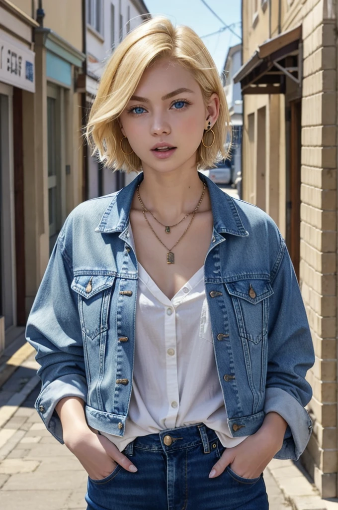 Blonde Caucasian Woman、、Short Haircut、, blue eyes,、Open your mouth a little、Denim jacket、shirt、Ear piercing、necklace、、The background is a town street