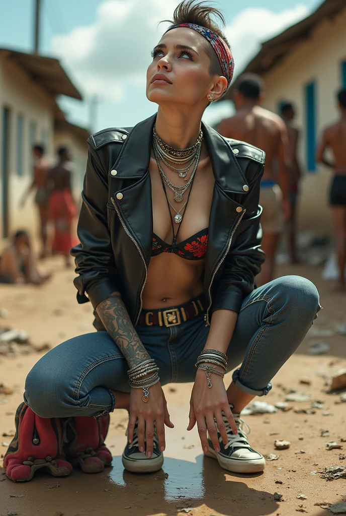 russian milf woman, grey hair (high pouf, top bun, shaved sides), colourful bandana as headband, with very light blue eyes, extremely pale skin. Wearing cropped aged black moto jacket with lots of zippers and pins, flipped up collar. skinny dark low rise blue jeans. Black and red tight push up bra, Dirty White tennis sneakers. Chain around hips like belts. Dirty knees, dirty feet and muddy hands. Wide studded belt. Squatting on a puddle with hands on her hips, looking up, chin up, stretching her neck , humble facial expression. Black nail polish. studded black leather tote bag with chain on the floor, next to her.. Listening looking up in amazement to somebody speaking to her from the sky, upper teeth visible. Well toned abdominals, thin neck, slim legs and thin arms. Narrow hips Cleavage, stomach, neck, tigh and hands completely covered with tattoos. Dirt street in Kenyan village full of waste. Lots of silver bracelets, silver pendants and collars around all the beck. A lot of tanned fat women in traditional dresses around looking at her. next to her, all her belongings scattered on the floor: tobacco packs, makeup kit, little makeup mirror, studded black leather tote bag, lipstick, wallet, moble etc on the floor, point of view; from above