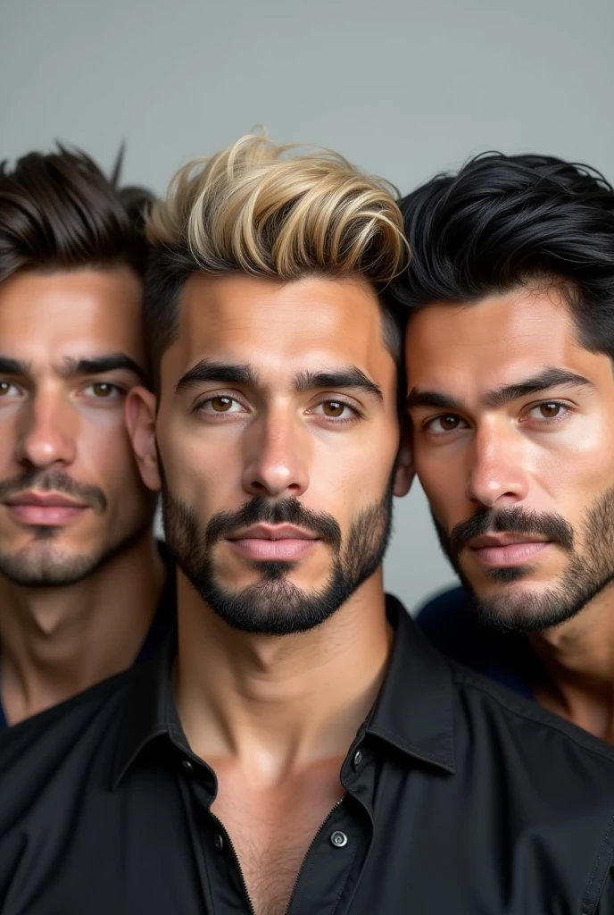 3 latino man with beard, slightly square face, medium ears, not so long straight hair combed to the right with dry texture, with all the hair in the front dyed blonde and the rest of the hair in black