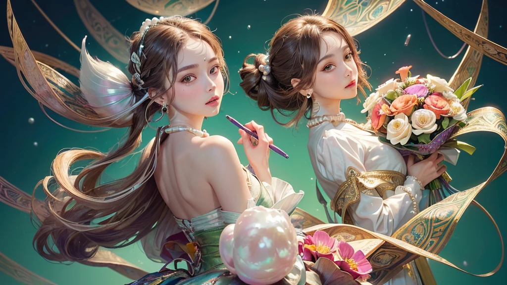32K, 最高quality, 最高masterpiece, (ultra-Detailed Background, Detailed Background), High resolution, Super detailed, Very detailedな, 1 personの, (bouquet:1.3), (Tangled:1.2), (Geometric:1.2),(colorful),(masterpiece, quality, best quality, Official Art, Beautiful and beautiful:1.2), (1 person:1.3), Very detailed,(colorful:1.1)(Flowers:1.3),Most detailed,(Tangled:1.2), whole body, (Abstract background:1.3), (Skin glows), (Many colors:1.4), ,(Earrings Pearl:1.5), Light green background, It's imaginative., Brunette Hair, Updo, Holding a book, Holding a pen, Satin shirt