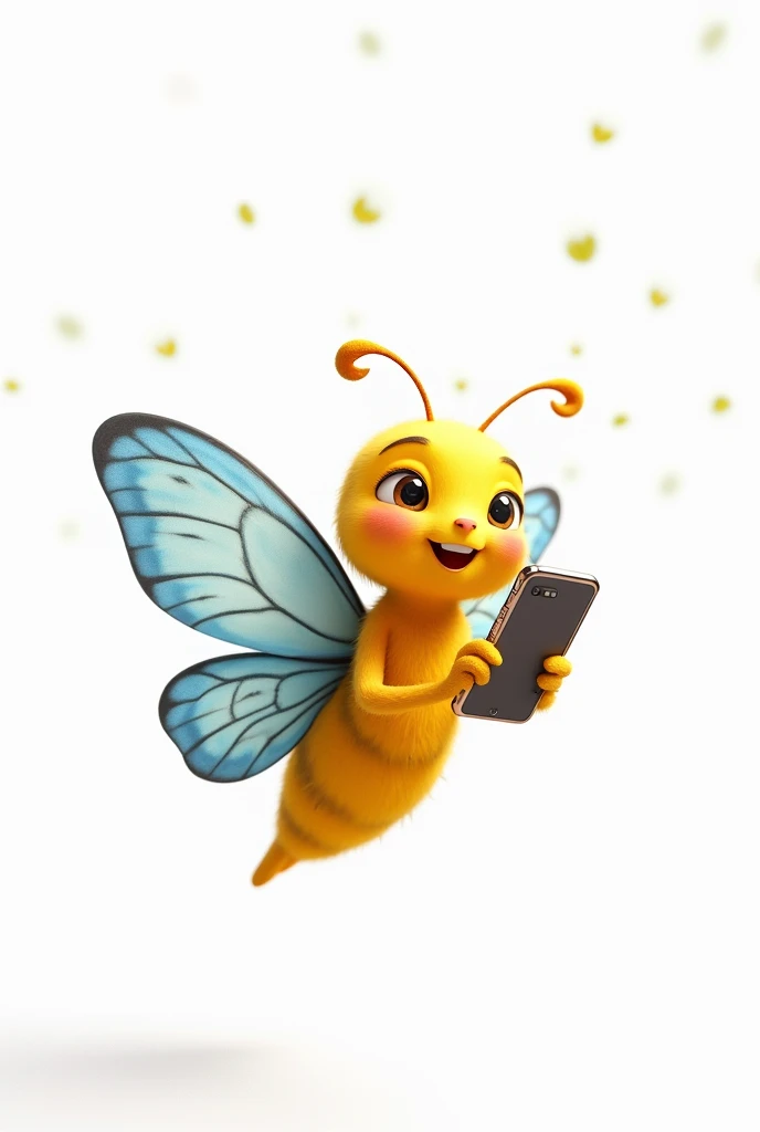 Show me a cute butterfly like a movie character, She must have a yellow body and blue and white wings, O fundo deve ser branco, she is holding a cell phone, is flying and is happy with his cell phone 
