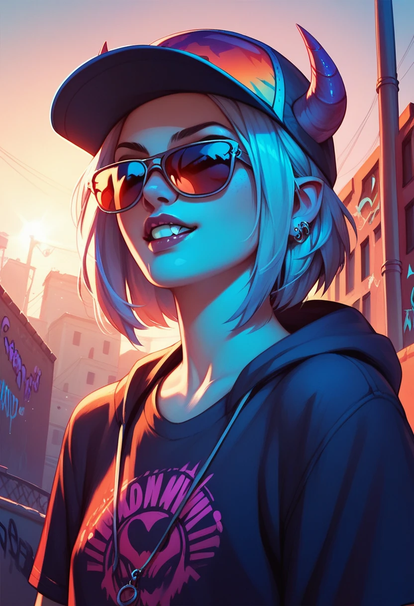 foreground,simple background,Background with neon rays of various colors,hyperdetailed,well defined details,hyper realistic,1 girl,graffiti hood,demon shirt,pierce,Sunglasses,teeth 