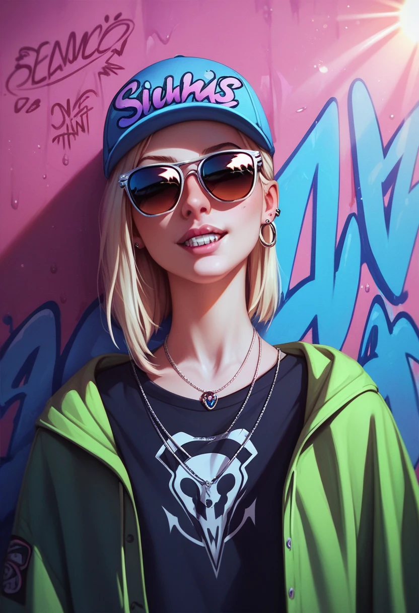 foreground,simple background,Background with neon rays of various colors,hyperdetailed,well defined details,hyper realistic,1 girl,graffiti hood,demon shirt,pierce,Sunglasses,teeth 