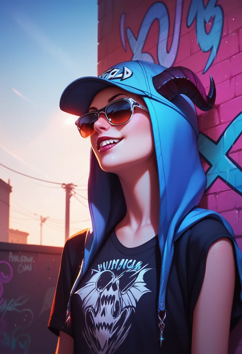 foreground,simple background,Background with neon rays of various colors,hyperdetailed,well defined details,hyper realistic,1 girl,graffiti hood,demon shirt,pierce,Sunglasses,teeth