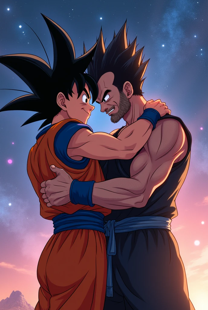 Goku and Bardock hugging each other 


