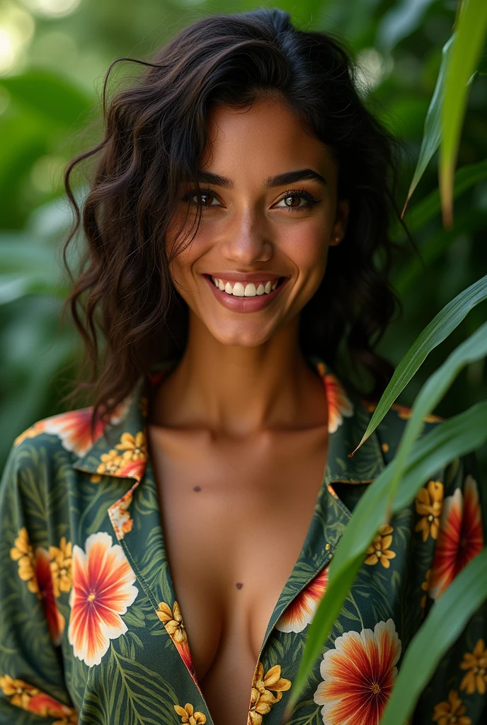 A Brazilian woman in a lush tropical garden, wearing an open shirt with a floral print, with a close-up capturing the harmonious beauty between her breasts and the natural flowers, showing off your natural charm and outgoing personality.