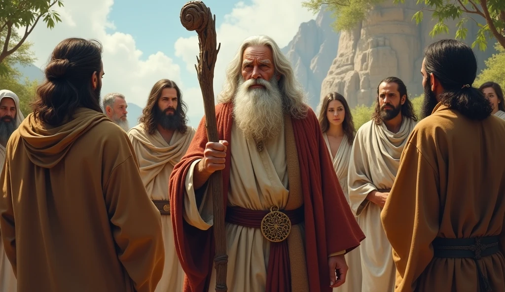 prophet man with a very big beard, and with a staff in his hand with his friends