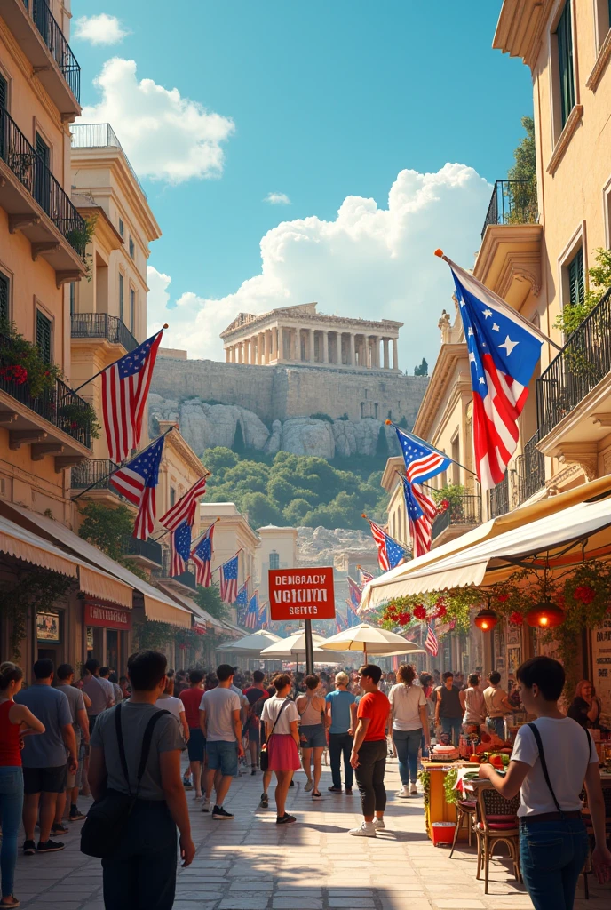 Generate me an image in Greece where Athens is with a sign that says democracy and voting