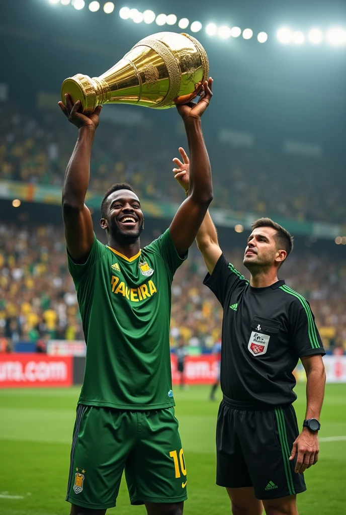 Palmeiras' Dudu lifting the world title with referee Rafael Claus