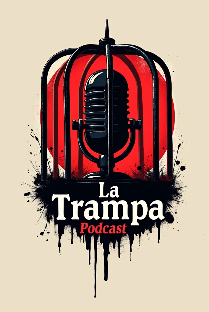 Create a logo with the word La Trampa podcast using a microphone in a cell with a trap, using the colors red and black
