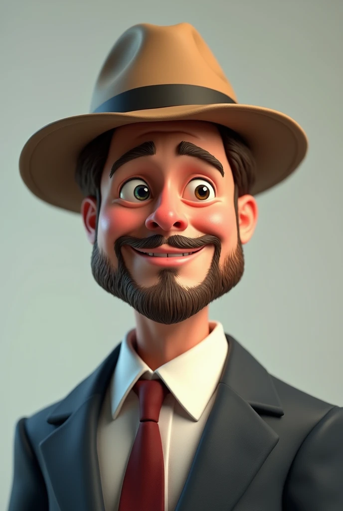 portrait of brad pitt, suite, medium shot, digital model, in playful character design style, hard surface modeling, tiago hoisel, with northeastern hat, round face, beard around mouth, slightly smiling, cartoon characters, delicate materials, bright colors
