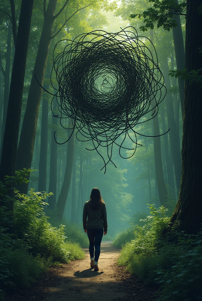 Make a person who gets rid of his problems, ( You will represent the problems with a bubble of black stripes that intertwine as if it were spaghetti., And in the background there is a forest, the person has to be walking backwards, moving away from the problem bubble.