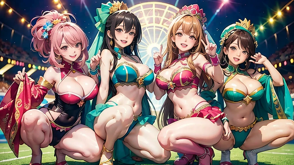 Masterpiece, super high quality anime style illustration, 8K, Samba Carnival in Rio de Janeiro. Very cute dancers 1, two cute girls, joyful smiles, squatting to rest, highly detailed faces, brown eyes, pink lips, natural makeup, flashy colorful outfits, revealing costumes, cleavage, belly button visible, attractive hips, cute ass, voluptuous thighs, beautiful legs.
