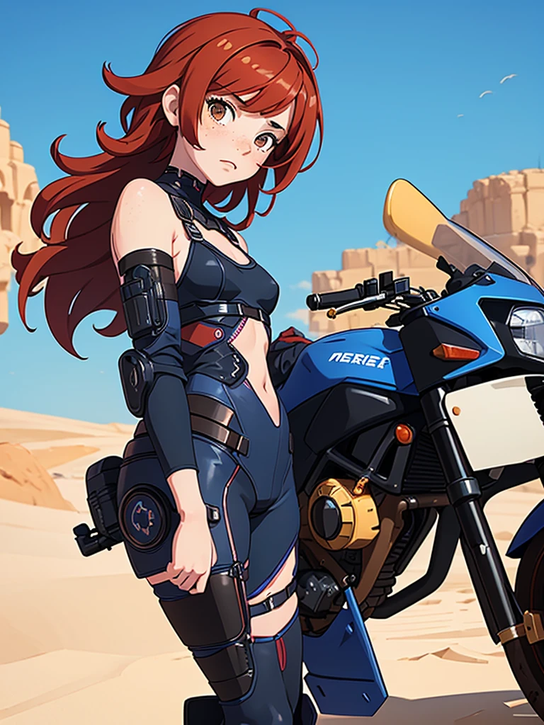 (masterpiece), (best quality), ((one girl)),alone, red hair,((brown eyes)),short curly hair, anime style, freckles, (small breast) (petite figure), blue and black cyberpunk outfit, ((desert background))