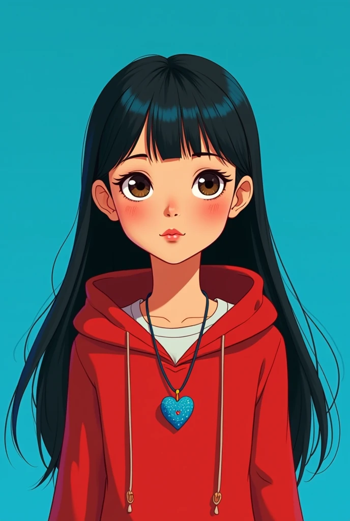 Disney image of a black haired girl, straight , long, Bookish hairstyle with a red long sleeved shirt with a small strawberry in the middle, a hood on and a blue heart necklace, a bright blue heart background 