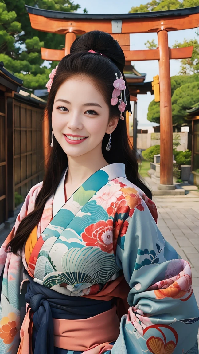 (SeaArt、I create amazing digital illustrations of beautiful women in kimonos)、Beautiful woman smiling and showing her upper white teeth、Vividly colored Ukiyo-e style illustrations、Brown-black long hair、Beautiful full body style、If you want to dance, Dance to the Tokyo Ondo, Good good、Beautiful new digital paintings,、 Bright and vibrant digital anime art、Beautiful anime portraits、Background、Torii gate of a Japanese shrine.、Detailed digital anime art、