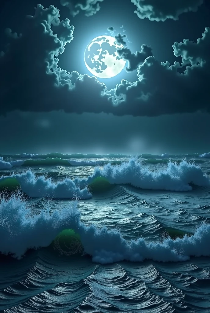 Imagine a realistic image in high definition, with a resolution of 1080 x 1920 pixels, capturing the rough high seas at night. The waves are big and turbulent, reflecting the faint moonlight in a silvery glow. The sky is overcast and obscured by heavy clouds, creating a dramatic and tense environment. The surface of the sea is marked by white foam and spray of water, and the sound of the wind and waves seems almost palpable. The scenery conveys a sense of immensity and natural power, with the darkness of the night increasing the intensity and mystery of the scene.