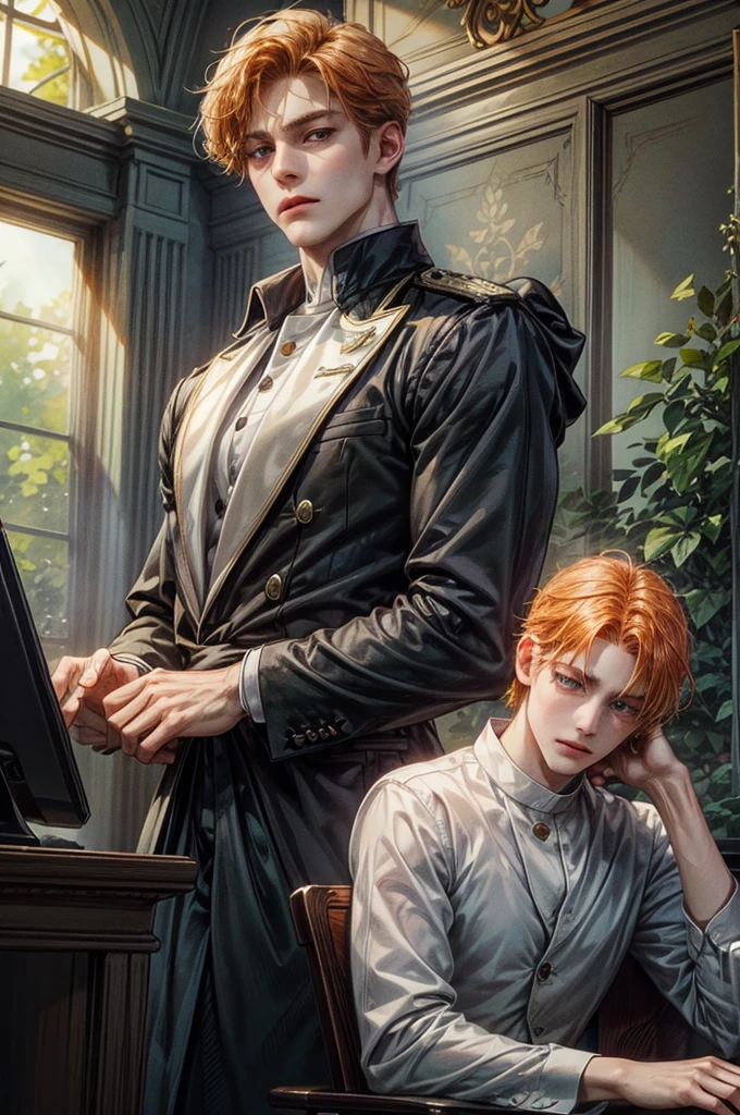 For sale is a young man with shoulder-length orange hair and light grey eyes, wearing a student council president uniform and an indifferent face.