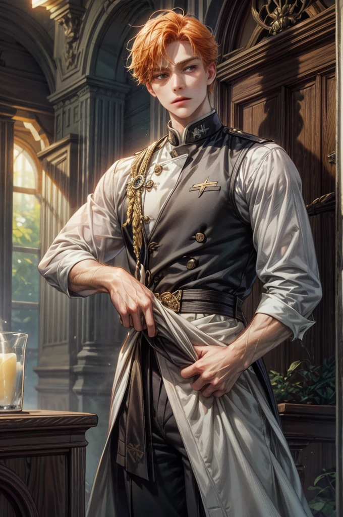 For sale is a young man with shoulder-length orange hair and light grey eyes, wearing a student council president uniform and an indifferent face.