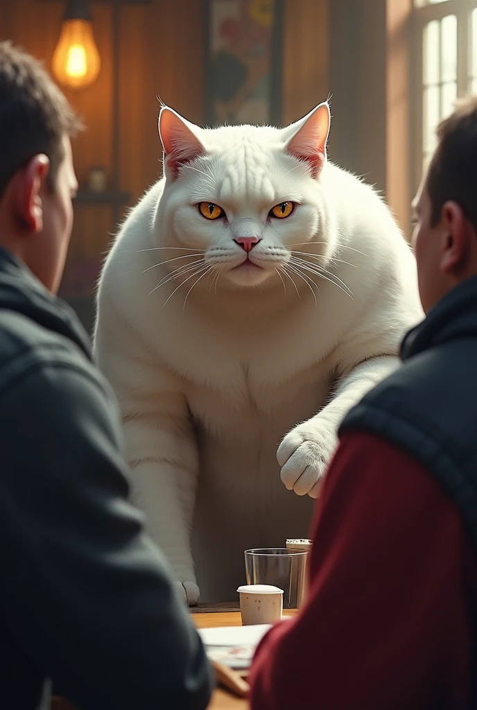 The muscular white cat, still sitting calmly in his place, watches the thugs. There's a sharp glint in his eyes. Without any fear, he stands up and slowly walks toward the thugs. Everyone in the restaurant is amazed by his courage.






