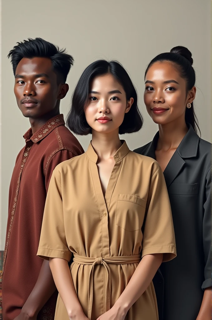 A realistic image of a Malaysian man, a chinese woman and an Indian woman standing side by side