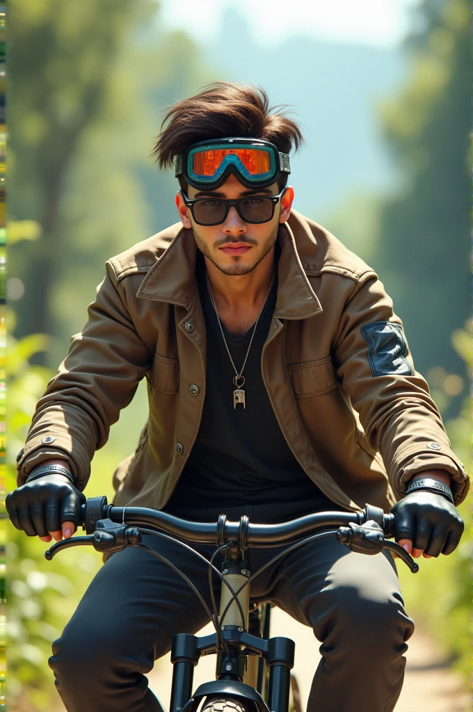 The young guy with best outfit cool nature sitting in a bike hand gloves googles and 1 more thing the place alone