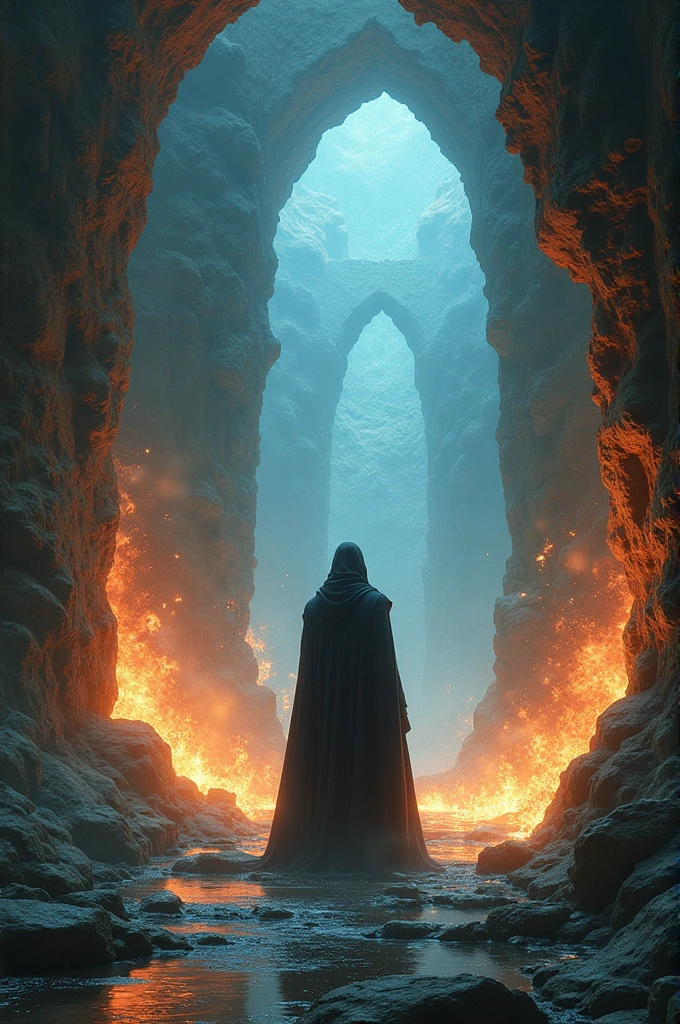 Three mystical challenges laid before Elric: a roaring river of flames, a riddle written in ancient runes on a stone wall, and a village of illusionary people in need of help. Elric is depicted calmly solving each challenge, with Zephyr watching from the shadows.