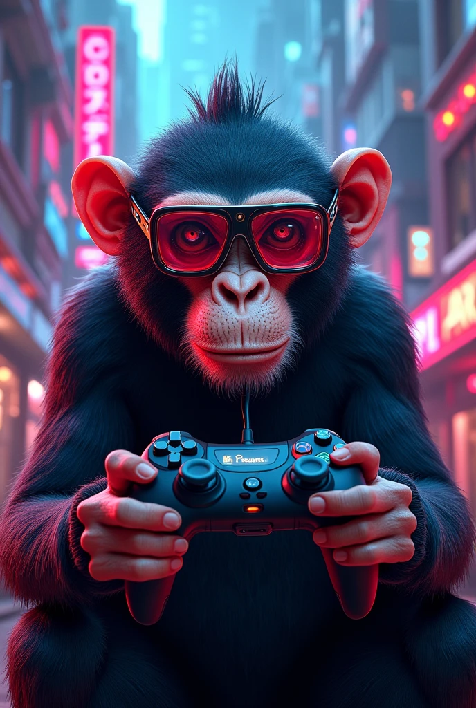 A stylized monkey in sunglasses holding a video game controller cyberpunk