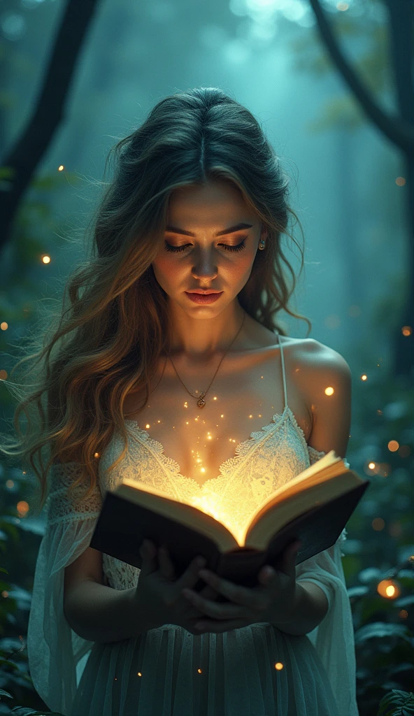 a woman with magical powers, beautiful detailed eyes, beautiful detailed lips, extremely detailed eyes and face, long eyelashes, glowing skin, flowing long hair, magical energy aura, floating magical elements, levitating, surreal landscape, dark clouds, moody lighting, dramatic shadows, fantasy, digital art, cinematic, vibrant colors, photorealistic, (best quality, 4k, 8k, highres, masterpiece:1.2), ultra-detailed, (realistic, photorealistic, photo-realistic:1.37) and mysterious forest in reading make magical book