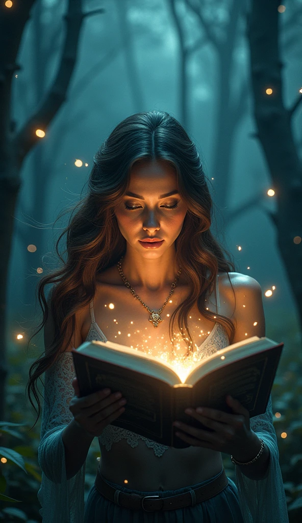 a woman with magical powers, beautiful detailed eyes, beautiful detailed lips, extremely detailed eyes and face, long eyelashes, glowing skin, flowing long hair, magical energy aura, floating magical elements, levitating, surreal landscape, dark clouds, moody lighting, dramatic shadows, fantasy, digital art, cinematic, vibrant colors, photorealistic, (best quality, 4k, 8k, highres, masterpiece:1.2), ultra-detailed, (realistic, photorealistic, photo-realistic:1.37) and mysterious forest in reading make magical book