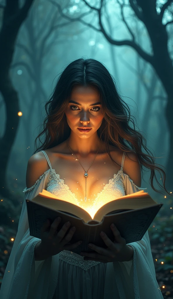 a woman with magical powers, beautiful detailed eyes, beautiful detailed lips, extremely detailed eyes and face, long eyelashes, glowing skin, flowing long hair, magical energy aura, floating magical elements, levitating, surreal landscape, dark clouds, moody lighting, dramatic shadows, fantasy, digital art, cinematic, vibrant colors, photorealistic, (best quality, 4k, 8k, highres, masterpiece:1.2), ultra-detailed, (realistic, photorealistic, photo-realistic:1.37) and mysterious forest in reading make magical book