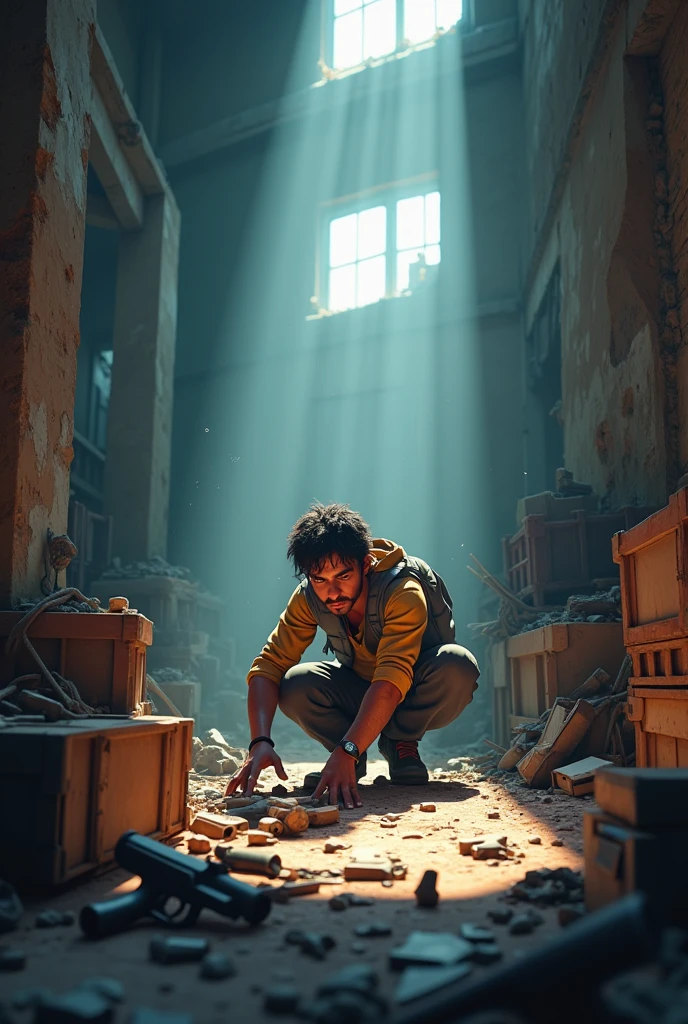 'Generate a cinematic 3d cartoon style " Ravi scavenging for weapons: Ravi crouches inside an old, decrepit building in burmunda map in free fire , rummaging through boxes and crates to find weapons. The room is filled with shadows and light beams filtering through broken windows.