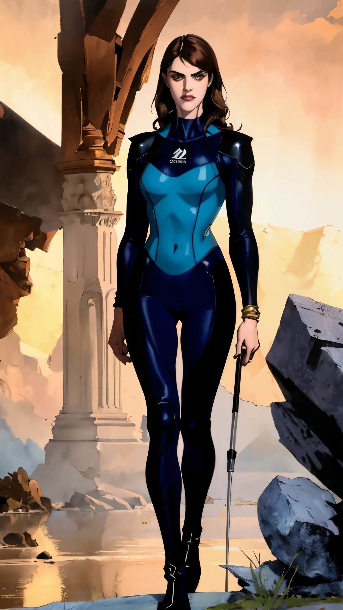 (masterpiece:1.2, best quality:1.2, extremely delicate:1.2), ((Alexandra Daddario:1.2)), a young women with long slightly curly brown hair, a well-defined face, intense eyes, a thoughtful expression, brown skin, tall and athletic build, a futuristic fantasy-style blue and black short-sleeved tight-fitting wetsuit, matching trousers, wrist guards, she sits leisurely on a seaside rock, this character embodies a finely crafted futuristic fantasy-style swimmer, exquisite and mature photography, photorealistic, goddess, feminine, porcelain skin, dramatic, high definition, highres, ultra-detailed, ultra-fine painting, professional, perfect body proportions, golden ratio, anatomically correct, symmetrical face, extremely detailed eyes and face, high quality eyes, creativity, RAW photo, UHD, 32k, Natural light, cinematic lighting, (masterpiece-anatomy-perfect:1.2)