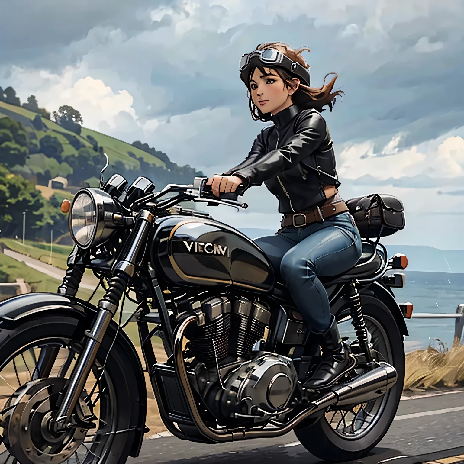 Vintage Bikes、victory、Isle of Man Races、(A young female rider speeds along on a motorcycle)、Leather jumper、Cromwell helmet with goggles、After the Rain、English countryside、