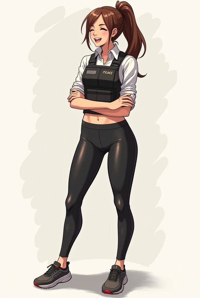 brown hair,ponytail hair,,(bartender),((Roll up your shirt sleeves)),(Roll up your shirt sleeves),(bulletproof vest),(hot pants),(running shoes),((simple background)),laugh,((whole body)),((whole body)),character sheet,High degree of completeness