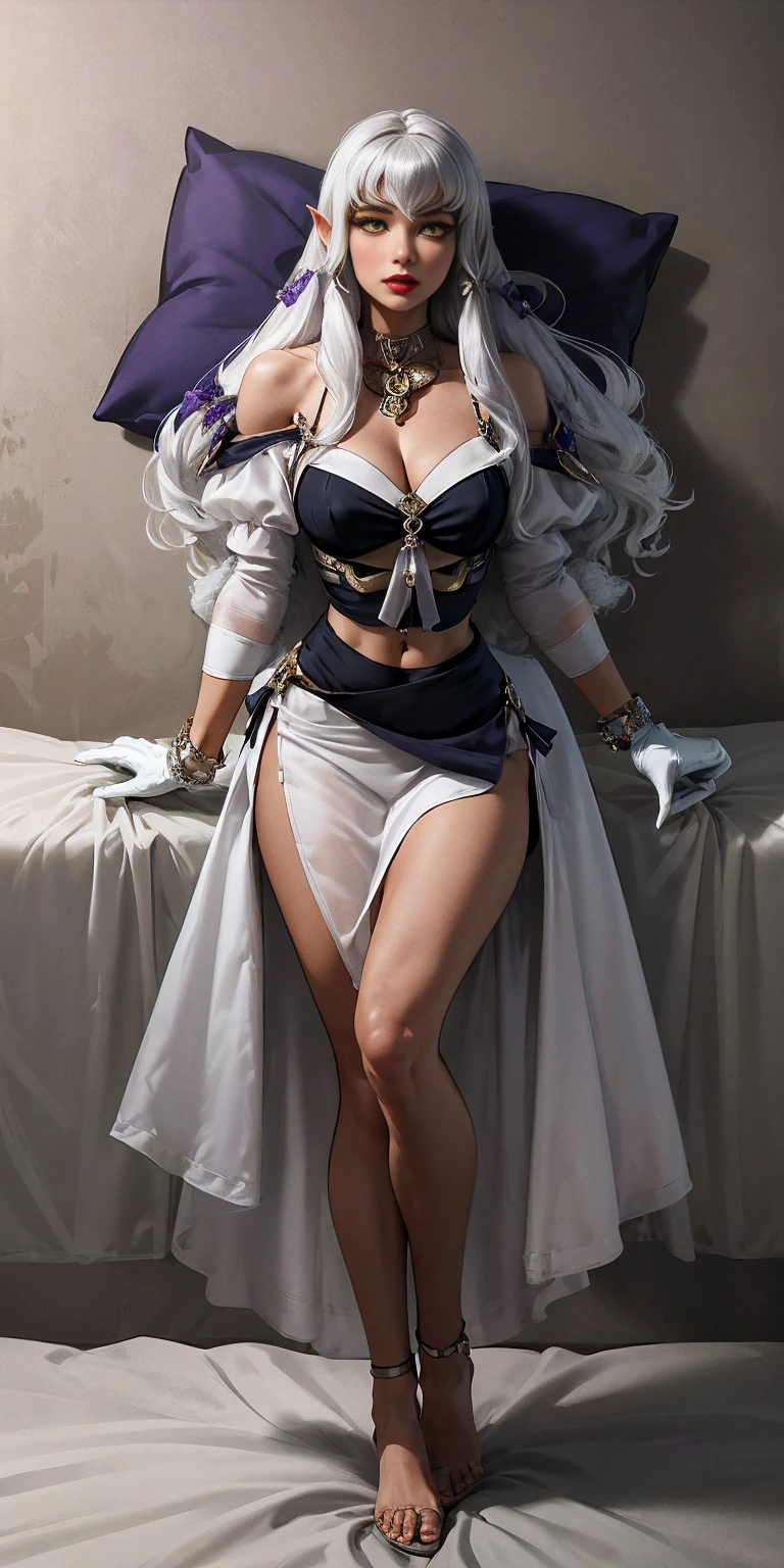 full body standing straight bareoot, long hair, triplets, holding hands on bed, sleeping together, superheroine micro bikini, SFW girl, CHEST COVER, super sexy. best quality, realistic photo, cowboy shot, bedroom background, bed, sheet, pillow (Lysithea von Ordelia) (yellow eyes) white hair, silver hair, very long hair, straight hair, solo, adult woman, tall, slightly muscular, large breasted, cleavage, constricted waist, toned body, slight abs, thin dark skin, pointy ears, lipstick, makeup, black eyeshadow, circlet, white short dress, jewelry, bracelet, white gloves