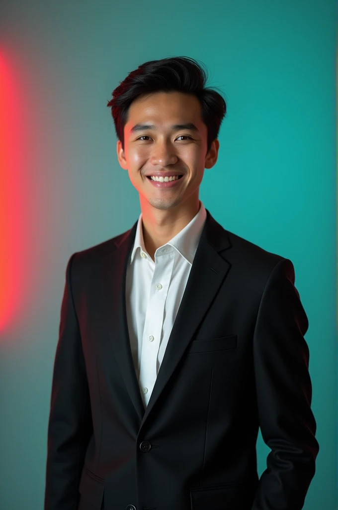 Ariyan emon official A young man with dark hair and a confident smile.
He is dressed in a black blazer over a white shirt.
The man is positioned against aqua colour backdrop with a subtle red lighting on the left side. and he posing for Linkedin profile