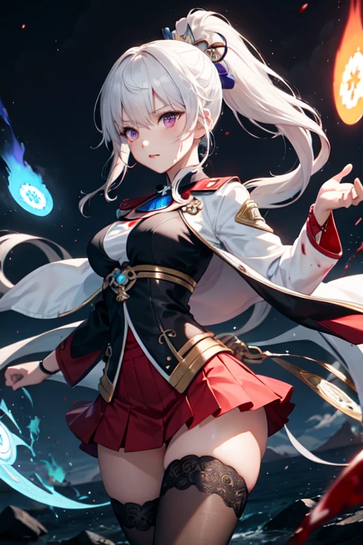 1girl, japanese clothes, ponytail ,white hair, purple eyes, magic circle, blue fire, blue flames, wallpaper, landscape, blood, blood splatter, depth of field, night, light particles, light rays, sidelighting, thighs, fate \(series\), genshin impact, open jacket, skirt, thighhighs, cloud