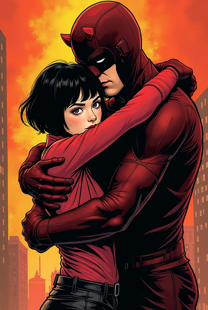 Short black hair girl with black eyes hugging daredevil comic style