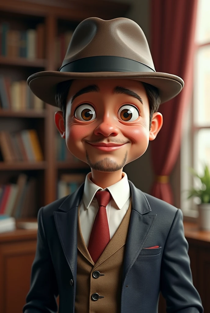 portrait of brad pitt, suite, medium shot, digital model, playful character design style, hard surface modeling, tiago hoisel, with hat, round face, cartoon characters, delicate materials, bright colors