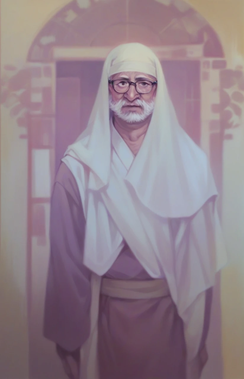 A 60 year old man wearing Muslim clothes and glasses
