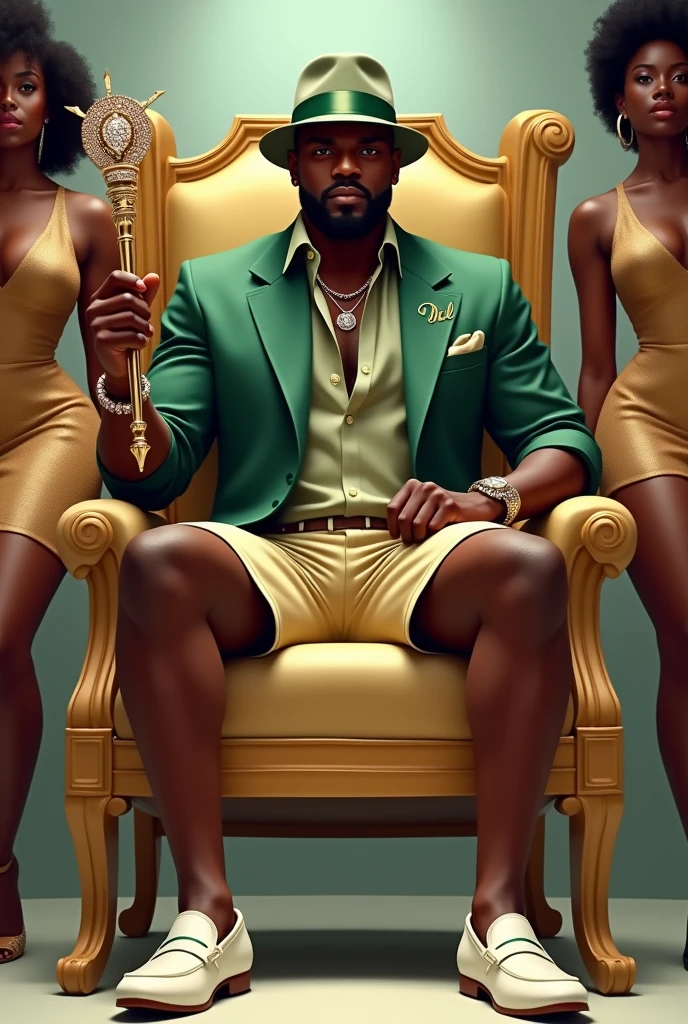 Forty year old black man, very elegant and sophisticated, strong athletic build, with a goatee, wearing jewelry and a modern bowler hat, moss green linen shirt with short sleeves and sand colored formal shorts.
Italian loafer shoes in white with moss green and gold details.
The initials DL are written on the hat band and the lapel of the blazer. The model is sitting on a throne with his legs slightly crossed.,holding a scepter studded with diamonds and gold, in the middle of an avenue.
Two busty black women in low-cut, sheer gold dresses, being one on each side.