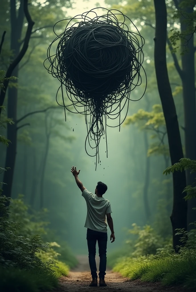 Make a person who gets rid of his problems, ( You will represent the problems with a bubble of black stripes that intertwine as if it were spaghetti., And in the background there is a forest, the person has to be walking backwards, moving away from the bubble of problems and raising the left hand as if he were letting go of his problems or saying goodbye.