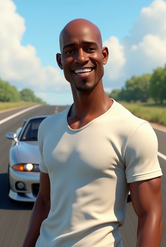 Tyrese Gibson*  (the fast and the furious)
   - "A dark-skinned 3D male character with a shaved head, modeling in Disney-Pixar style, with an amused expression, wearing a white t-shirt and jeans. Ao fundo, a silver Mitsubishi Eclipse Spyder car speeding down a highway."
  